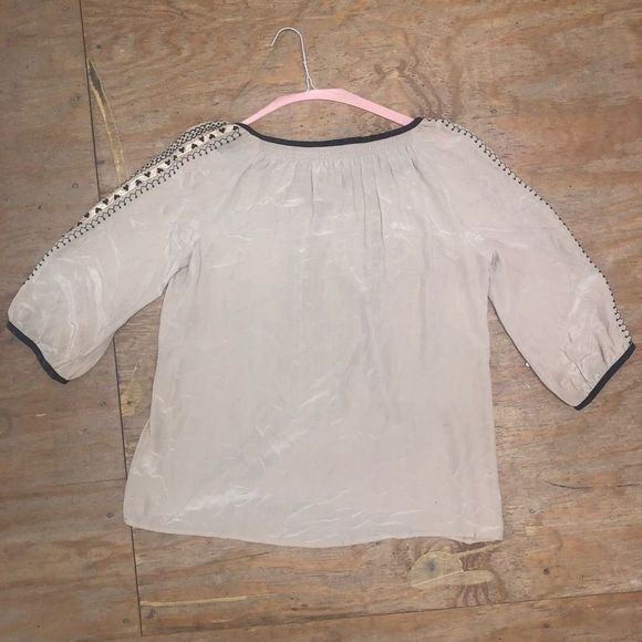 NANETTE LEPORE Beaded Blouse Silk Tan Black Bohemian Top*, Sz Large, MSRP $298 - Picture 4 of 10